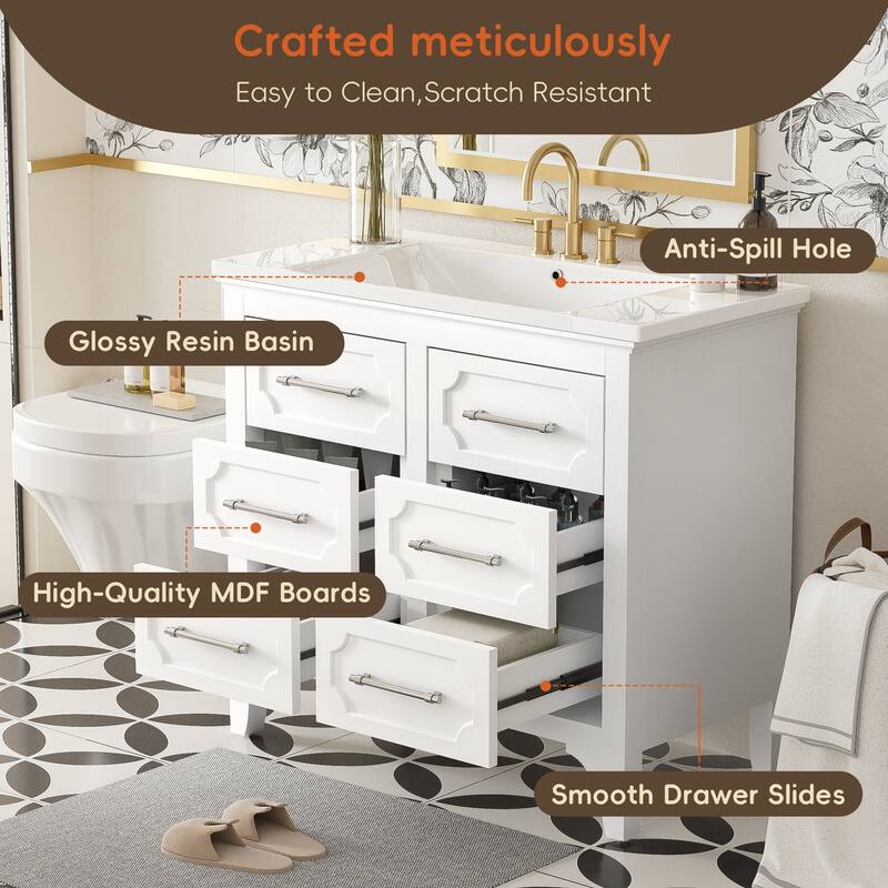 36'' Bathroom Vanity with Resin Sink Combo, Free Standing Solid Wood Frame Bathroom Vanity Cabinet with 4 Storage Drawers