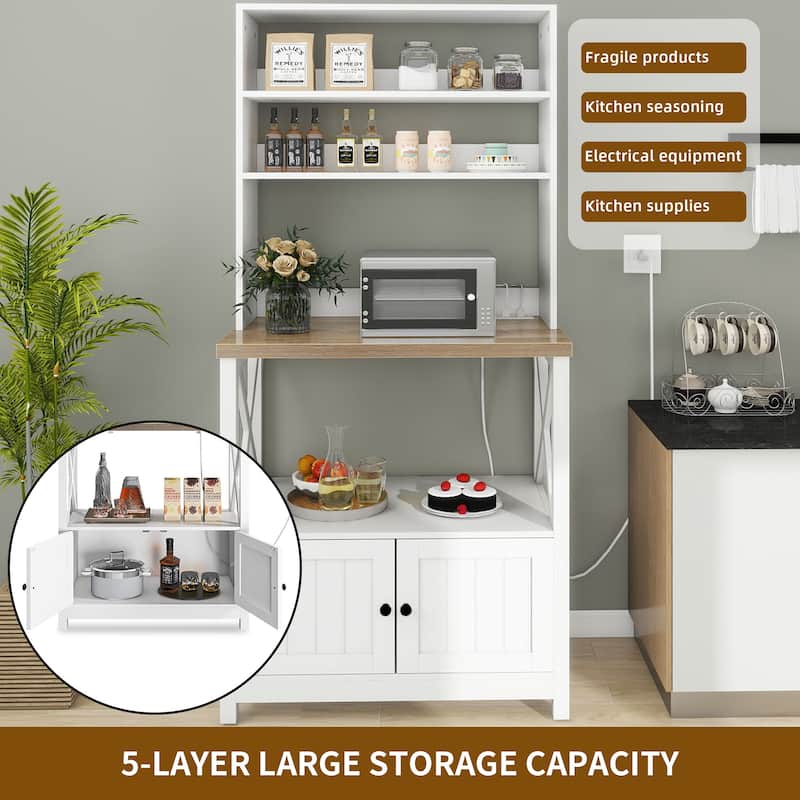 Baker's Rack Coffee Bar Cabinet Microwave Stand Rustic With Power Outlet