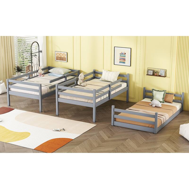Roomfitters Triple Rubber Wood Bunk Bed, Detachable Twin over Twin over Twin with Ladders and Guardrails