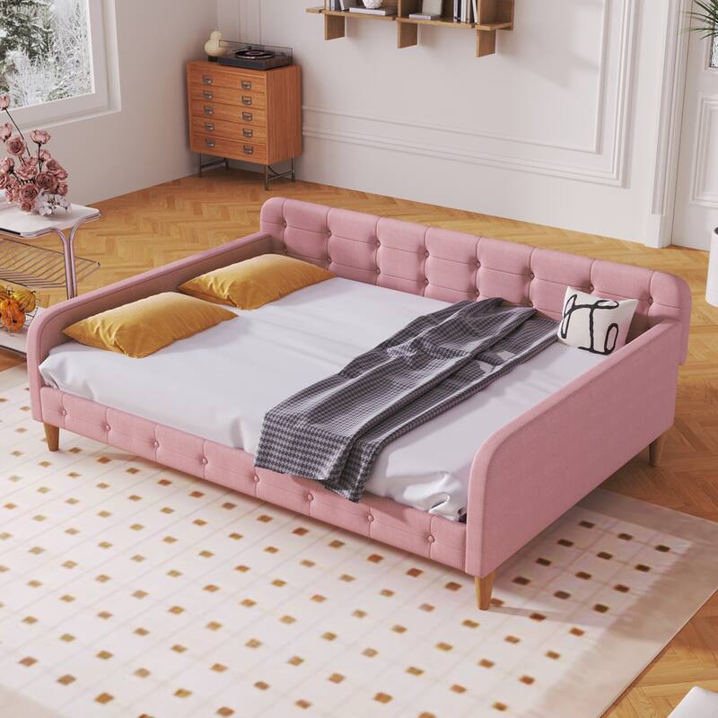 Full Size Upholstered Linen Daybed with Tufted Headboard and Armrests, No Box Spring Needed - Pink