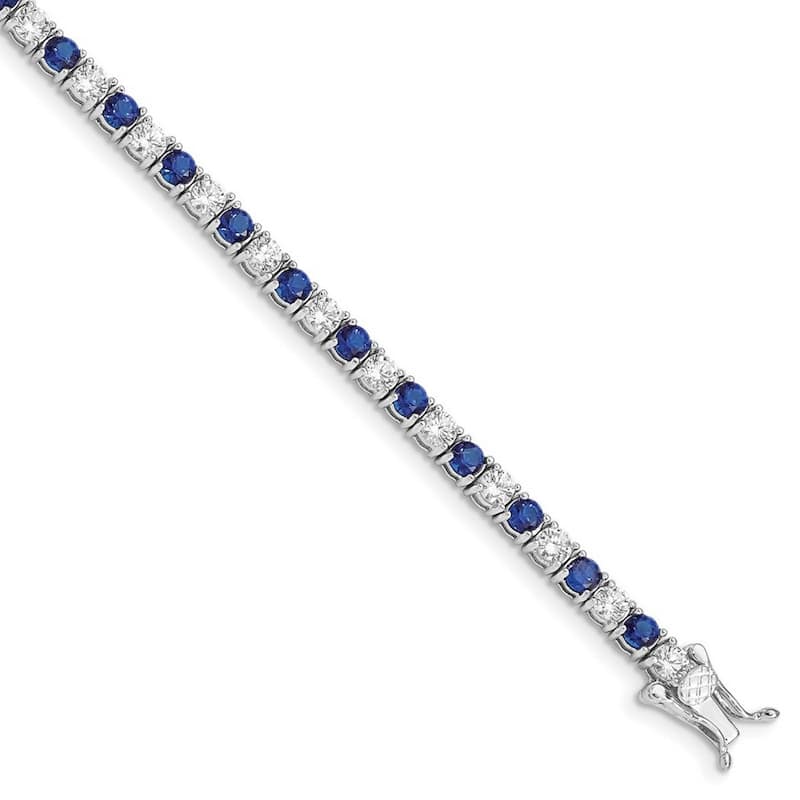 Curata 925 Sterling Silver Polished Safety clasp Box Catch Closure Blue and White CZ Cubic Zirconia Simulated Diamond Bracelet 7