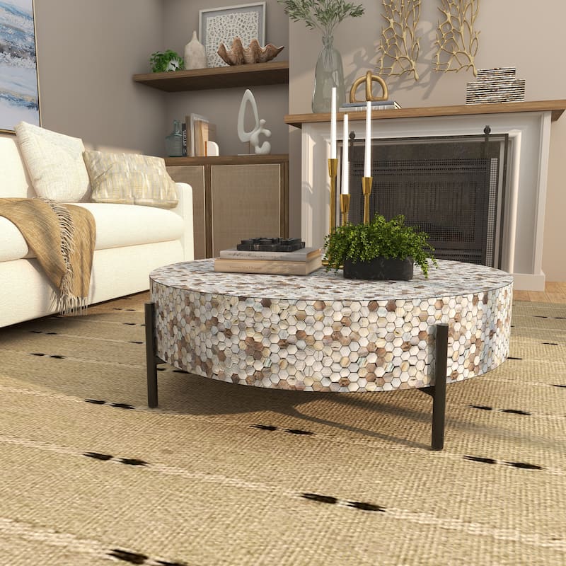 Mother of Pearl Shell Geometric Handmade Round Mosaic Inlay Coffee Table with Black Metal Legs - Roche River Decor