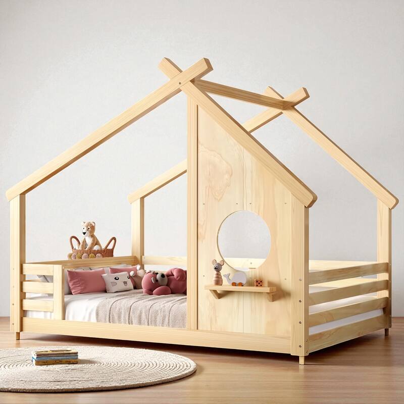 Twin/Full Size Solid Wood House Floor Bed with Window and Shelf, Montessori Low Bed Frame for Kids, No Box Spring Needed