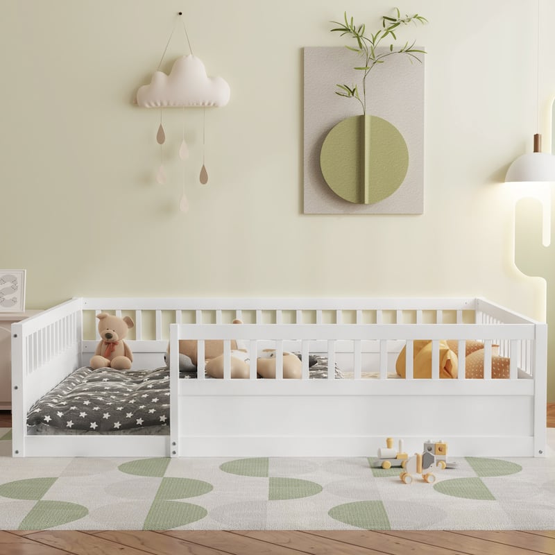 Kids Floor Bed Frame Toddler Montessori Low-Profile Floor Bed with Solid Wood Baffle Fence, No Slats No Door for Children's Room