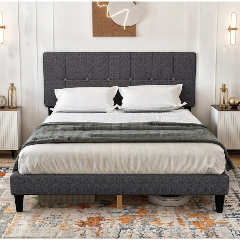 Twin Bed Frame Upholstered Platform with Headboard and Strong Wooden Slats,No Box Spring Needed, Easy Assembly - Dark Gray - Twin