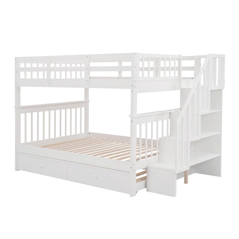 Full Pine Bunk Bed with Trundle and Storage Stairs