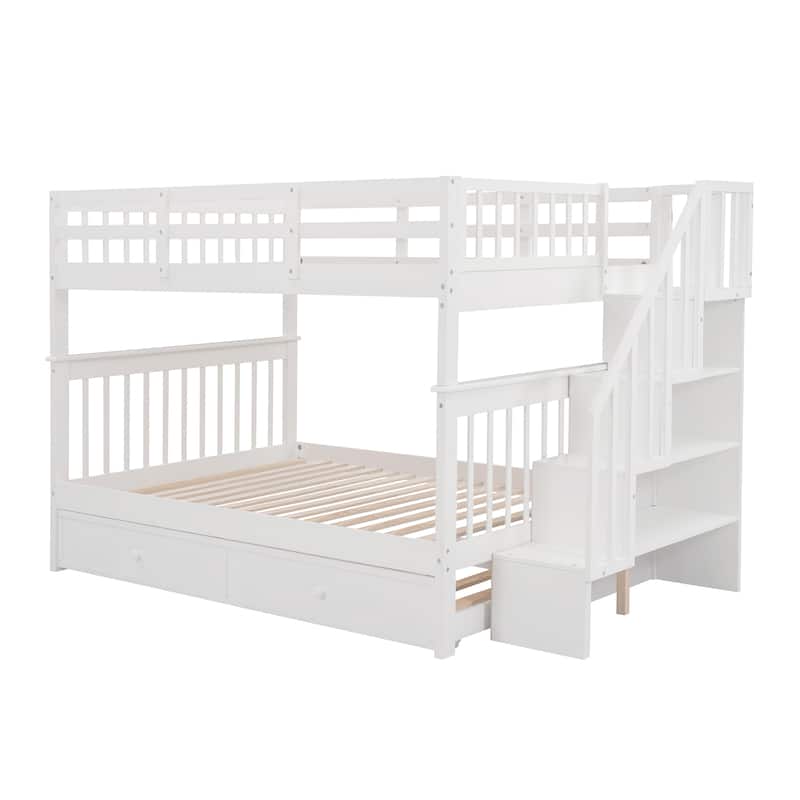 Stairway Bunk Bed with Trundle, Storage and Guard Rail for Bedroom, Dorm
