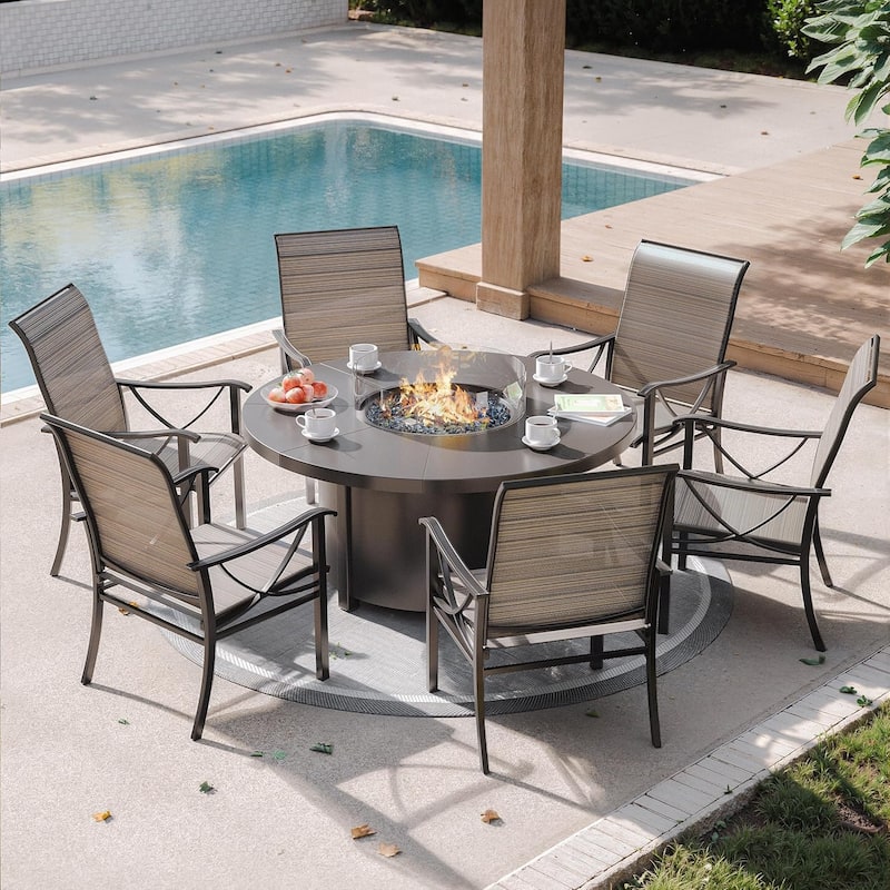 Kullavik Textilene Chairs and Round Gas Fire Pit Table, Outdoor Patio Furniture Set - 6-Seat Single Chair