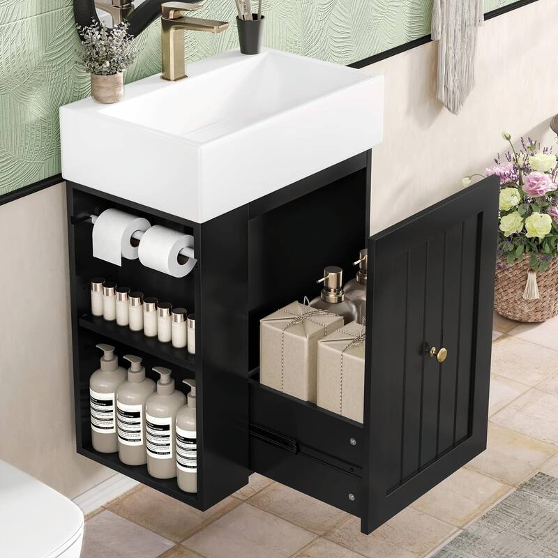 20-Inch Bathroom Vanity with Ceramic Sink - MDF Storage Cabinet with Drawer, Side Shelf and Silver Handle - Black
