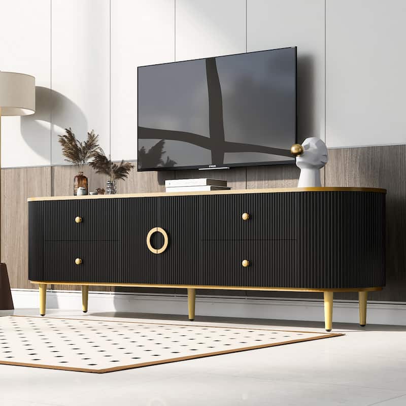 Fluted TV Stand with 4 Drawers & 1 Cabinet, Wood Curved Entertainment Center, Console Table with Metal Legs & Handles