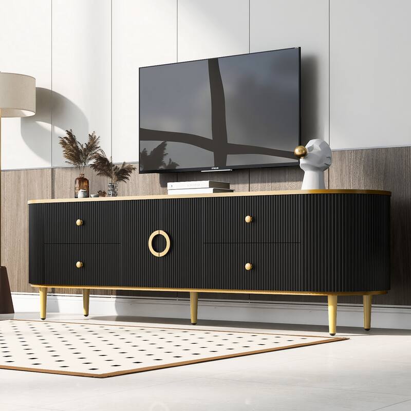 Roomfitters Modern TV Stand for up to 80 Inch TV, Media Console with Drawers, Cabinet and Metal Legs, Black