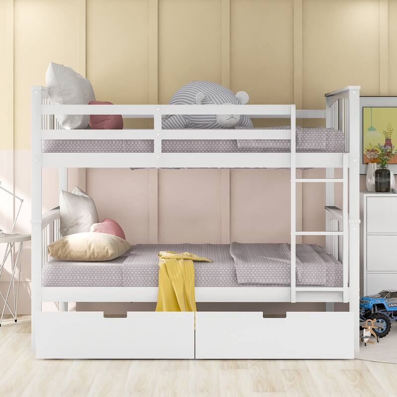 Roomfitters Full Over Full Bunk Bed with Drawers and Ladder, Solid Wood Frame for Bedroom or Guest Room - White