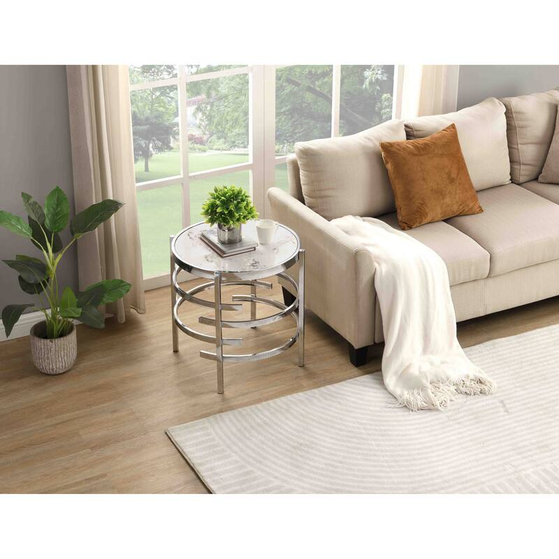 Modern Round End Table with Sintered Stone Top, Chrome/ Silver End Table for Living Room 20.67''W x 20.67''D x 21.65''H