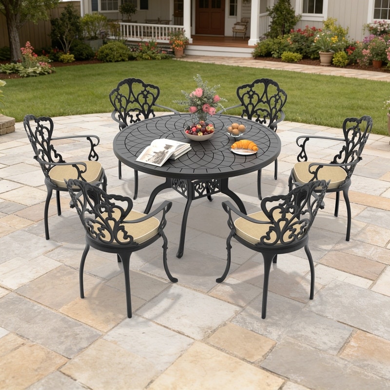 47.24in Round Black Cast Aluminum Outdoor Dining Table & 6 Outdoor Chairs with Cushions(7-Piece Set)