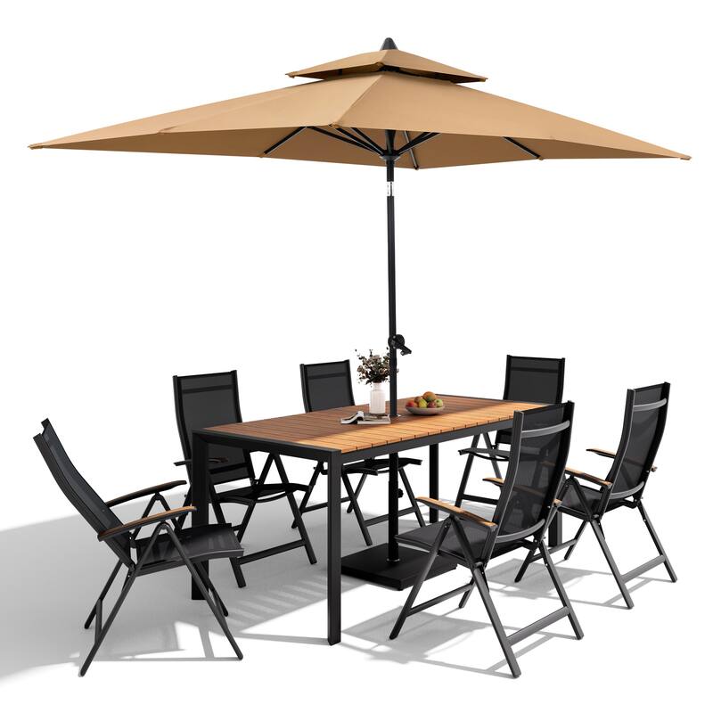 9-Piece Outdoor Patio Dining Set Wood Like Aluminum Umbrella Hole Table with Folding Chairs, Market Umbrella and Base