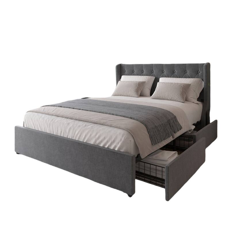 Full/Queen Size Bed Frame with 4 Storage Drawers, Wingback Headboard