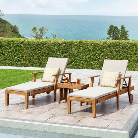 Perla Outdoor Acacia Wood 3 Piece Chaise Lounge Set with Water-Resistant Cushions by Christopher Knight Home