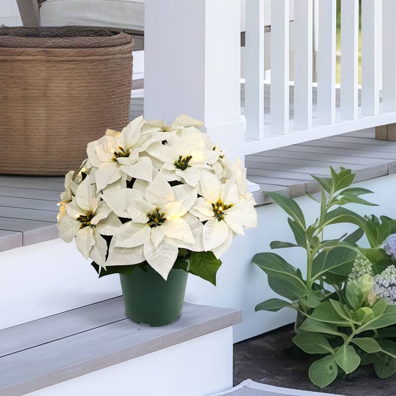 Puleo International 19" Pre-Lit Battery-Operated Artificial Potted White Poinsettias - White
