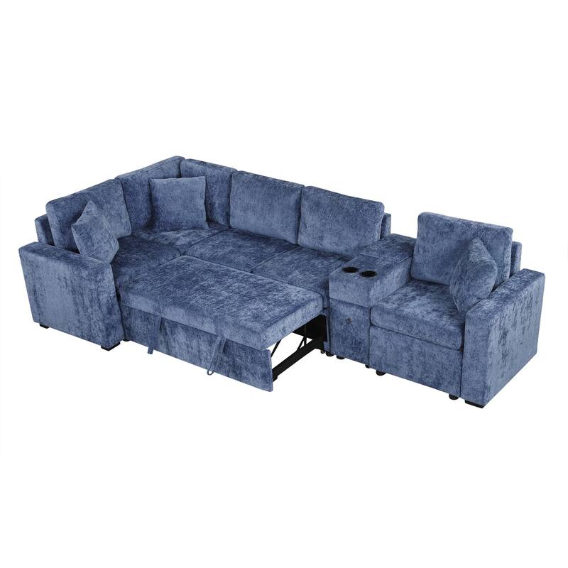 Chenille Pull Out Sectional Convertible Sleeper Sofa Modular Sectional Sofa with Pillow and 2 Cup Holders for Living Room