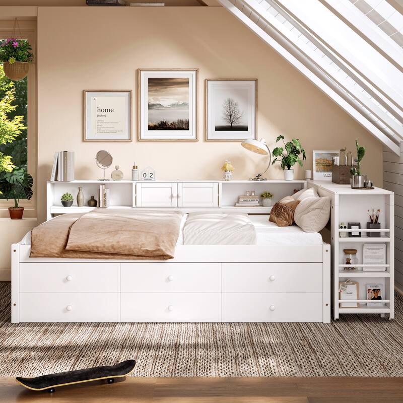 Full/Twin Daybed with Trundle & Storage Drawers - Wood Frame with Side Shelves and Desk