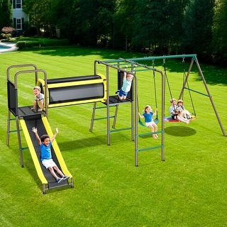 Hapfan 660lbs 5 in 1 Metal Swing Set with Slide Monkey Bars