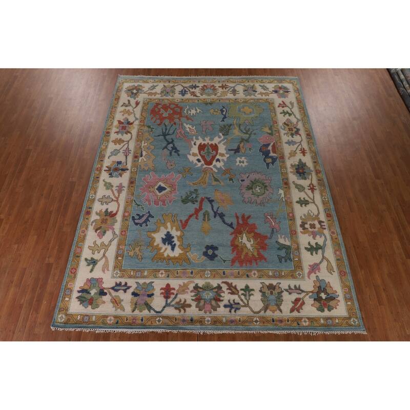 Light Blue Floral Oushak Oriental Area Rug Handmade Wool Carpet - 9'0"x 11'9"