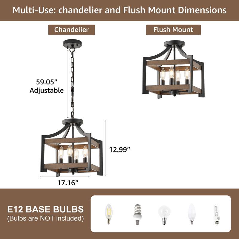 Starsky 4-Light Faux Wood Finish Rectangular Farmhouse Chandelier - Matte Black