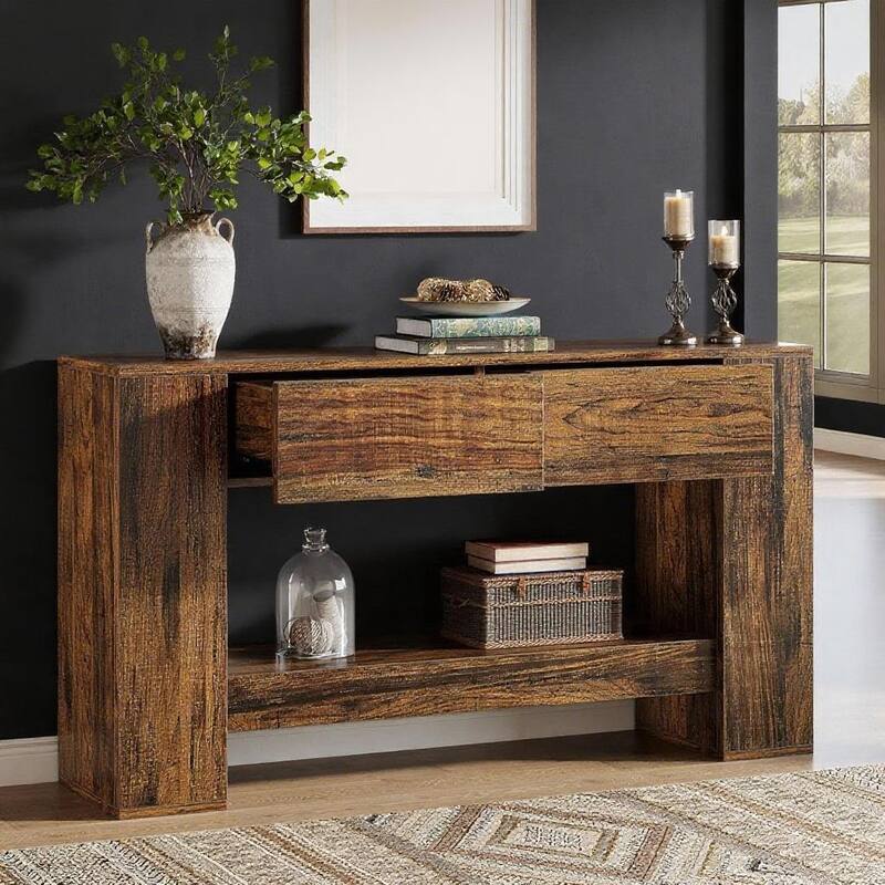 Brown MDF Console Table with Hexahedron Legs and Thick Waterproof Top - 55.12” L x 11.81” W x 33.27” H