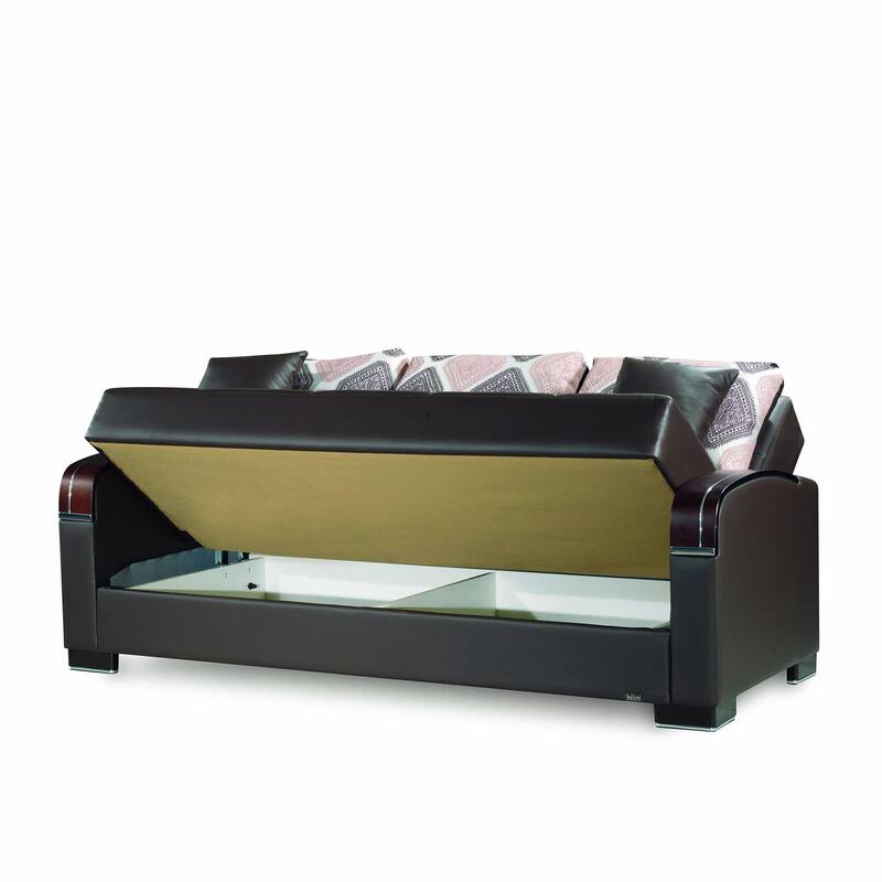 HomeRoots 87" Brown Faux Leather Convertible Futon Sleeper Sofa And Toss Pillows With Storage