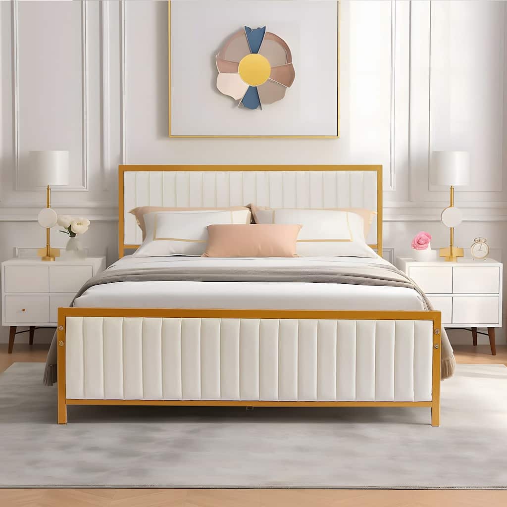 Javlergo Bed Frames with Upholstered Tufted Headboard and Footboard, Heavy Duty Steel Slats Platform, No Box Spring Needed