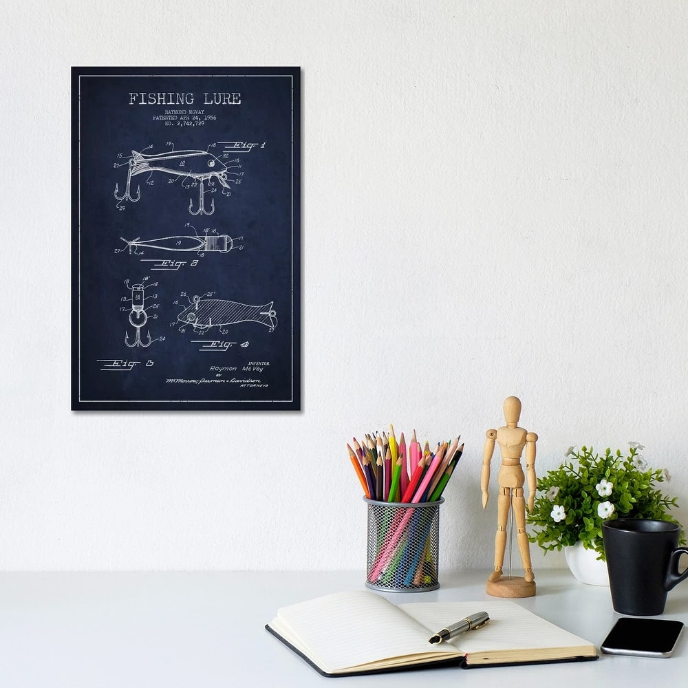 iCanvas "Fishing Tackle Navy Blue Patent Blueprint" by Aged Pixel Canvas Print