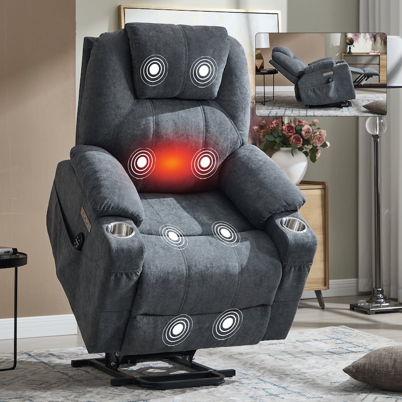 Roomfitters Power Lift Recliner Chair with Heat Massage 350lbs Heavy Duty Electric Sofa USB C Ports Cup Holders - Grey