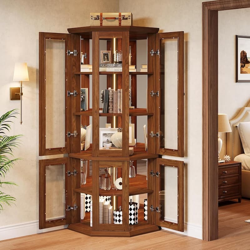 71 Inches Tall Corner Cabinet with Doors & LED Lights, Brown