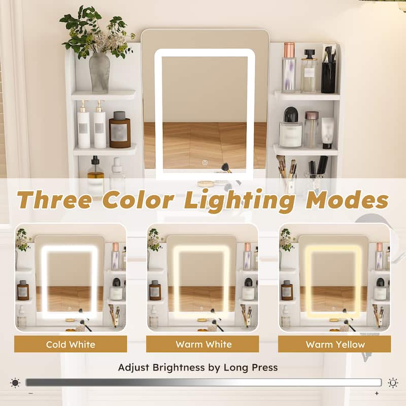 Vanity Desk with LED Light Mirror, 3-Color Adjustable Light Strips, Dressing Table with Hair Dryer Stand & 2 Large Drawers