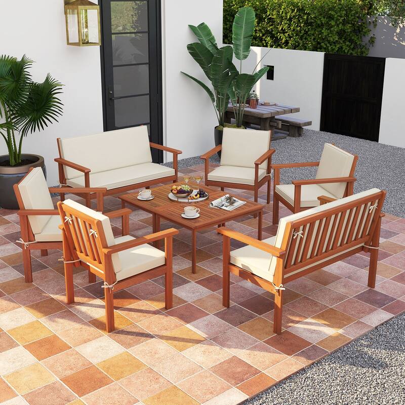 Gymax 8 Pieces Patio Furniture Set, Acacia Wood Porch Chairs w/ Table