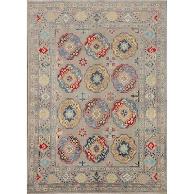 Geometric Grey Kazak Oriental Area Rug Handmade Wool Carpet - 4'10" x 6'11"