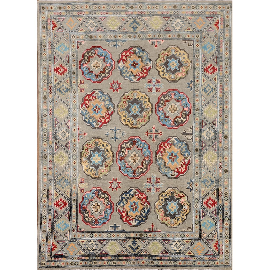 Geometric Grey Kazak Oriental Area Rug Handmade Wool Carpet - 4'10" x 6'11"