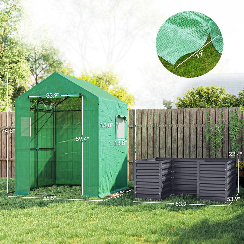 Outsunny Greenhouse with Raised Garden Bed, 56" x 56" x 75" Galvanized Steel Planter Box with PE Cover