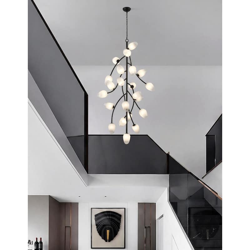 Transitional 22-Light Black Branch Chandelier With White Glass Shades