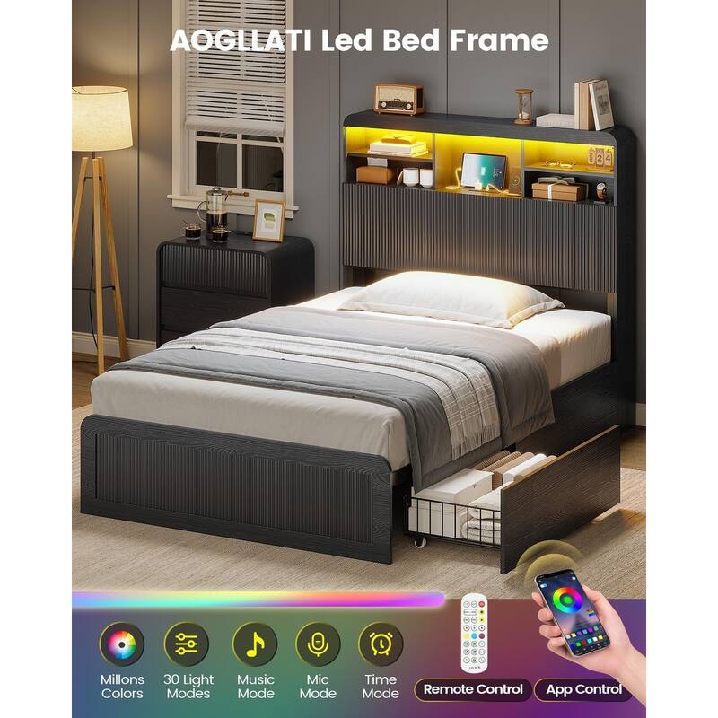 Bed Frame with 4 Storage Drawers and Hidden Storage Headboard Charging Station