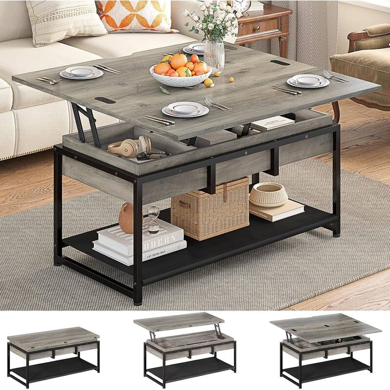 Lift Top Coffee Table Open Storage Shelf & Hidden Classified Storage