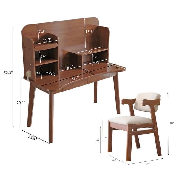 dimension image slide 0 of 3, Kids Desk with Chair, Student Desk Multi-Tier Organizer, Solid Wood Bookshelf with Drawers