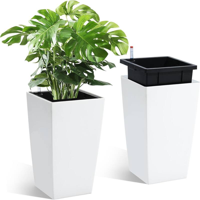 2-Pack 16-Inch Tall Planters with Drainage Holes Water Level Monitor and Inner Bucket Black - White