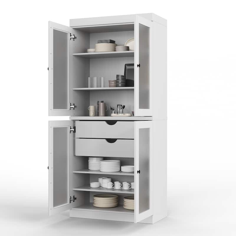 Palace Imports 100% Solid Wood Pantry Cabinet with Frosted Glass Doors, 2-Drawers and Adjustable Shelves - 32" x 71.5"