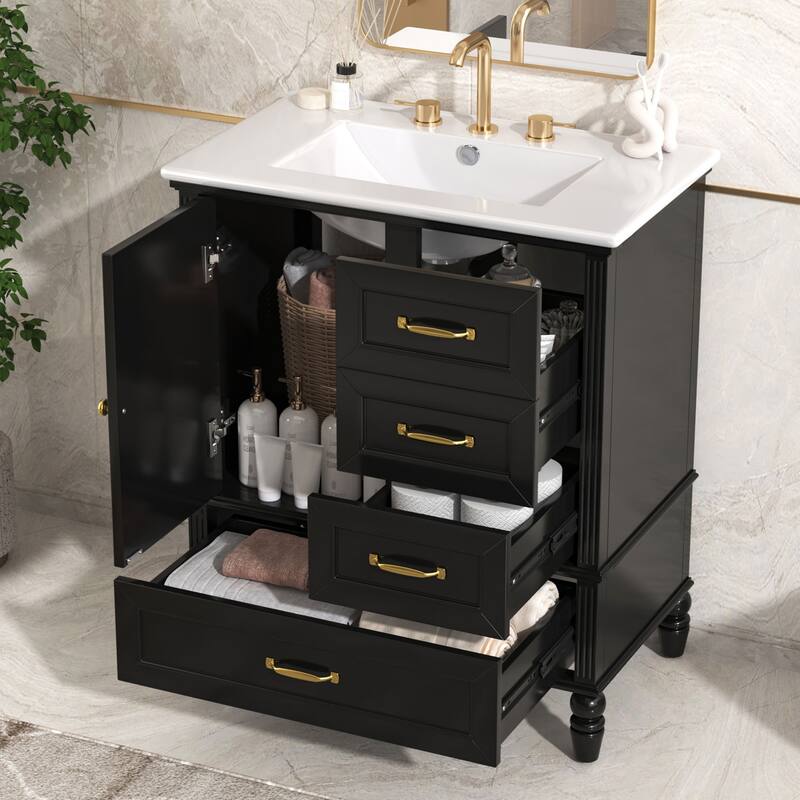 Roomfitters 30" Bathroom Vanity with Integrated Ceramic Sink, Solid Wood Frame and 3-Drawer Storage