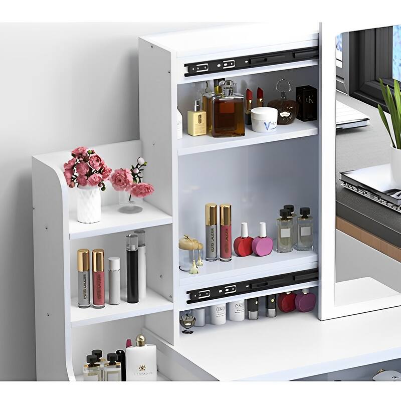Vanity Set with Lighted Mirror & Cushioned Stool, Large Mirror Makeup Vanity Table Dressing Table w/ 4 Drawers & Storage Shelves