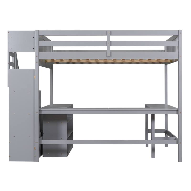 Full Size Loft Bed with Built-in L-Shaped Desk & Three-Tier Storage Shelves & Attached Storage Staircase, White