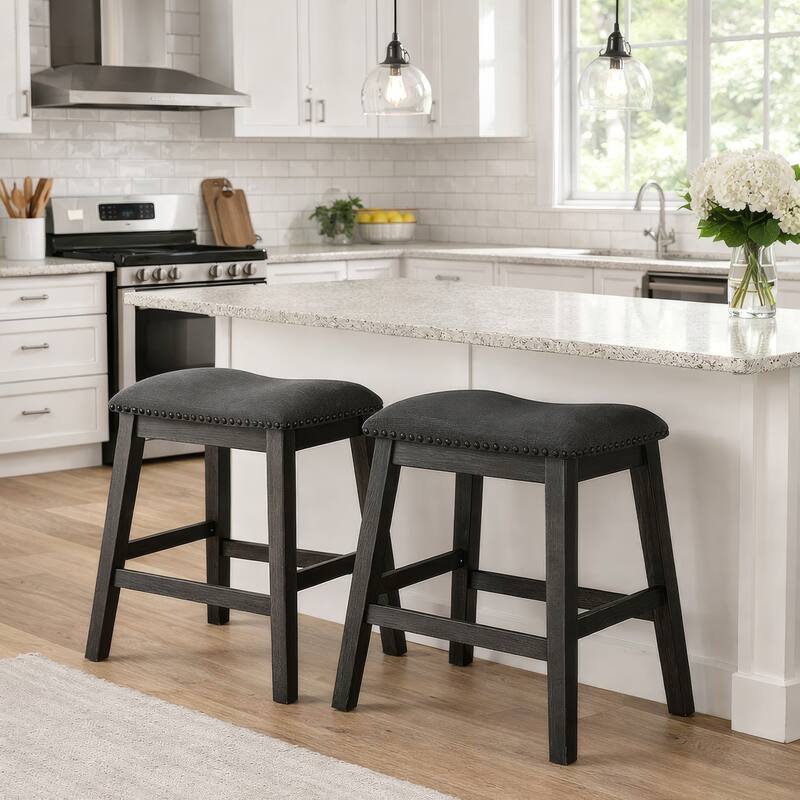 Fabric Saddle Counter Stool with Nailhead Trim, Set of 2, Gray