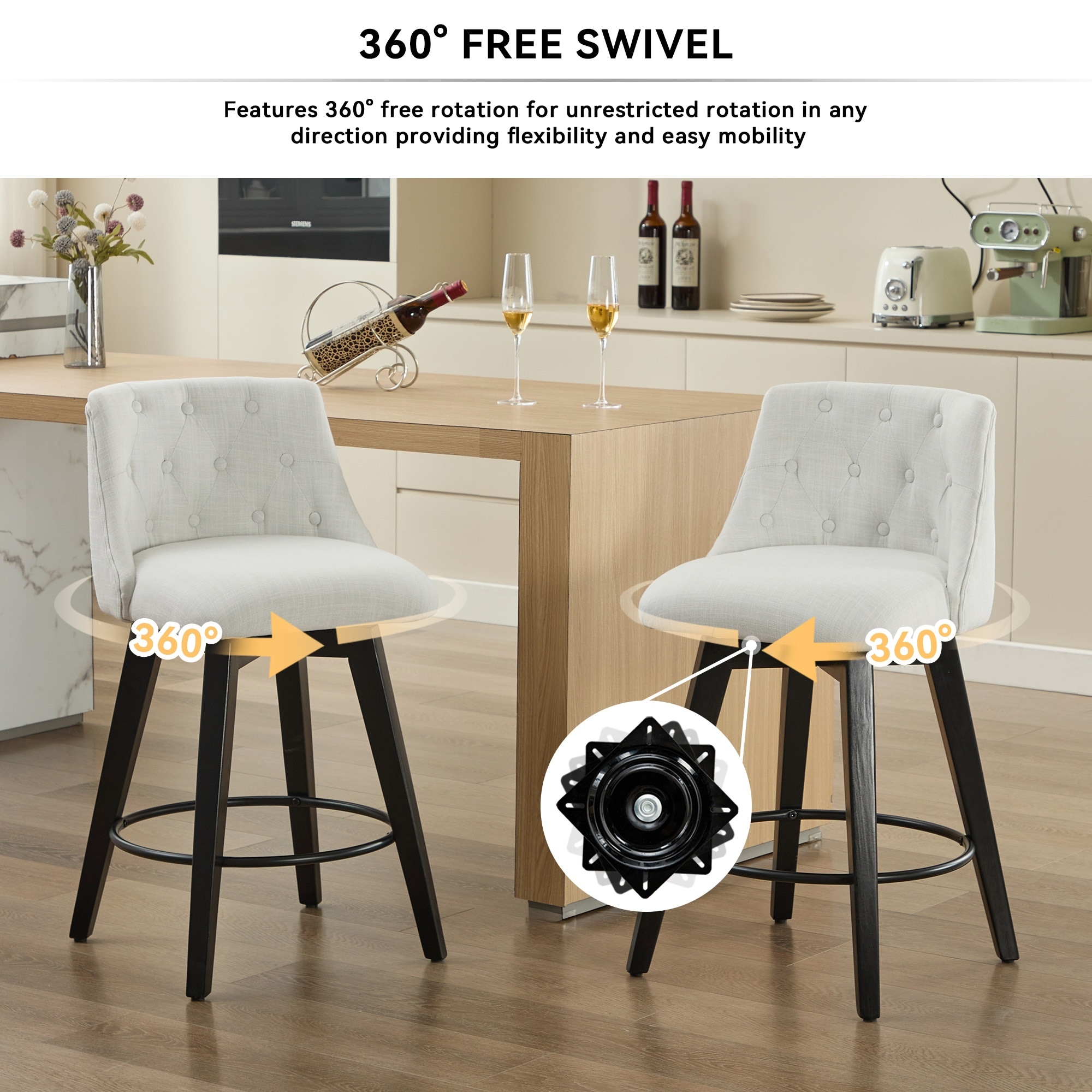 Swivel Bar Stools Set of 2 Counter Height Dining Stools Linen Upholstery Chairs with Tufted Back Barstools Breakfast Bar Chairs