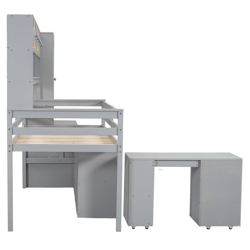 Twin Size Loft Bed with Storage, Desk, Drawers, and Shelves, Gray